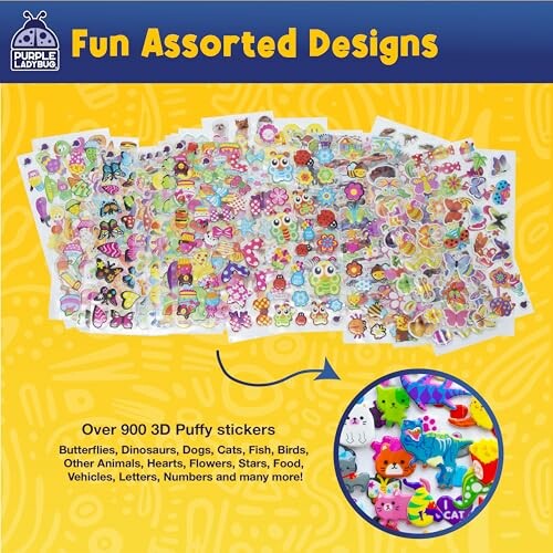 Assorted 3D puffy stickers including animals, vehicles, and more.