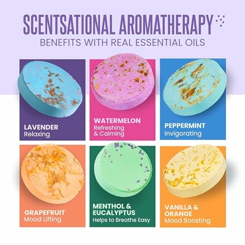 Aromatherapy bath bombs with various scents and benefits.