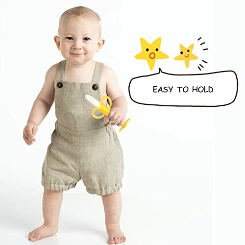 Baby holding baby scissors with text 'Easy to hold'