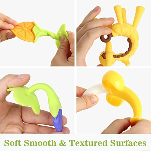 Various baby teething toys with soft and textured surfaces in different shapes and colors.