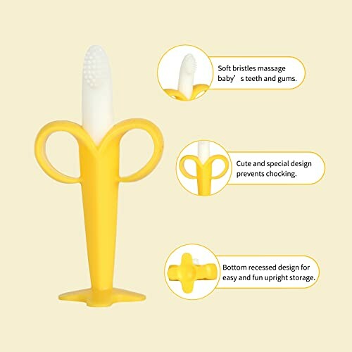 Banana-shaped baby teething toy with soft bristles and easy-grip handles.