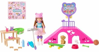 Barbie Chelsea playset with doll, scooter, and pet accessories