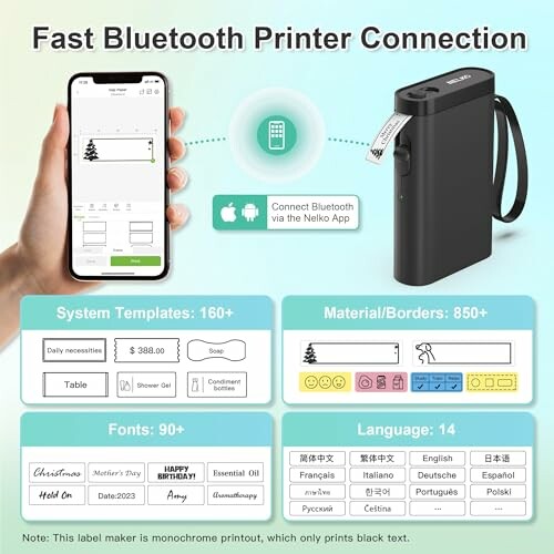 Bluetooth printer connection guide with smartphone app and template options.