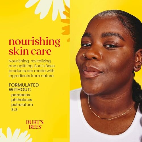 Burt's Bees skincare promotion with smiling person and product benefits.