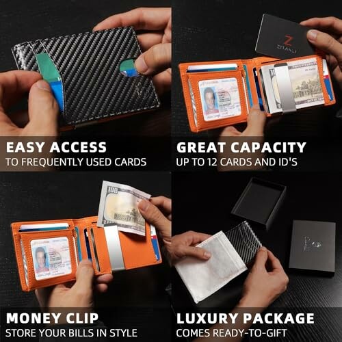 Carbon fiber wallet showcasing features: easy card access, great capacity, money clip, and luxury packaging.