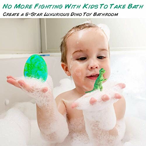 Child in bath with dinosaur toy and egg.