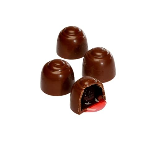 Four round chocolate candies, one with a red filling.