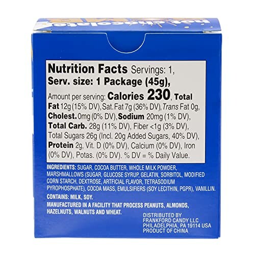 Back of chocolate marshmallow package showing nutrition facts and ingredients.