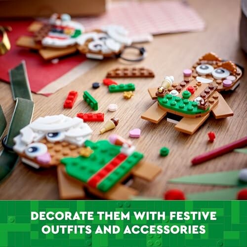 LEGO ornaments decorated with festive outfits and accessories.