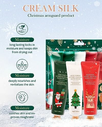 Christmas-themed hand cream set with festive packaging.