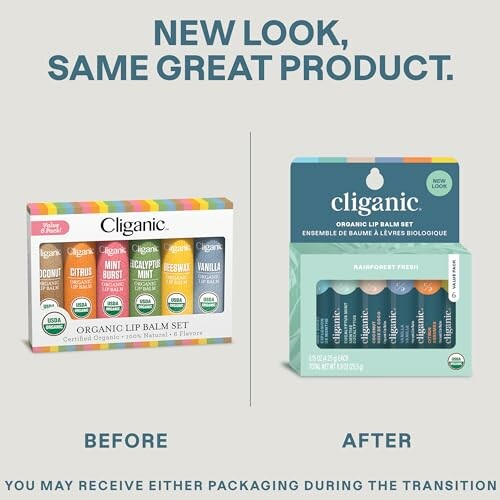 Cliganic lip balm packaging comparison, before and after redesign. The new packaging may look slightly different, but the product remains the same great quality.