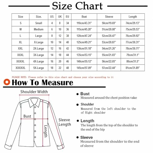 Clothing size chart with measurements and how to measure guide.