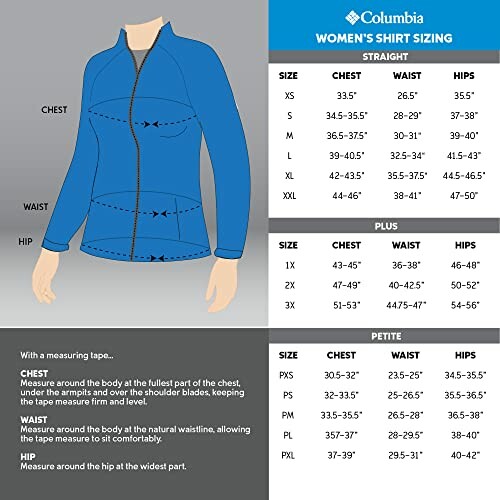 Columbia women's shirt sizing chart for straight, plus, and petite sizes.