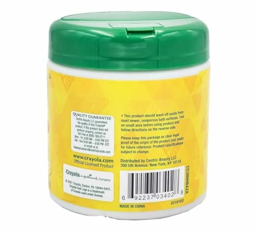 Back view of a Crayola bath product with instructions and barcode.