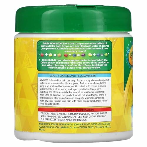 Back of Crayola Color Bath Dropz container with directions and safety information.