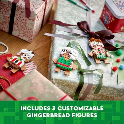 Three customizable gingerbread figures with holiday gifts.