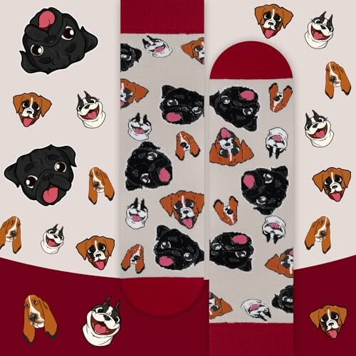 Socks with cartoon dog faces in various expressions