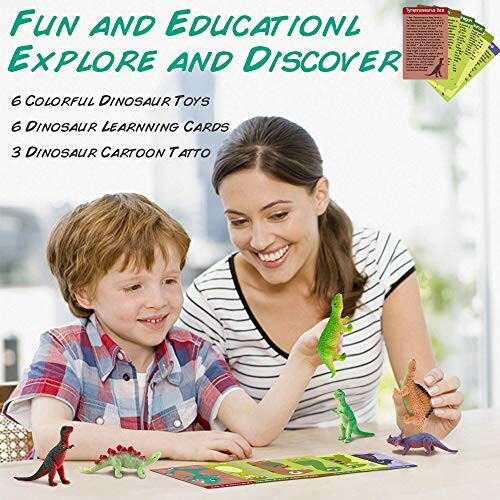 Child and woman playing with dinosaur toys and learning cards.