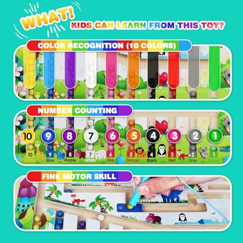 Educational toy for color recognition, number counting, and fine motor skill development.