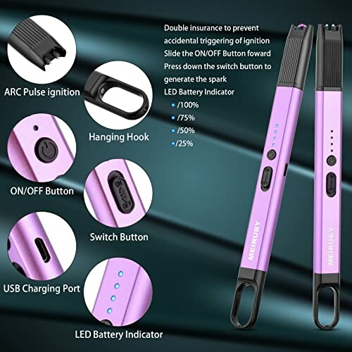 Purple electric lighter with features and descriptions.