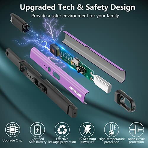 Exploded view of an electric lighter showcasing upgraded technology and safety features.