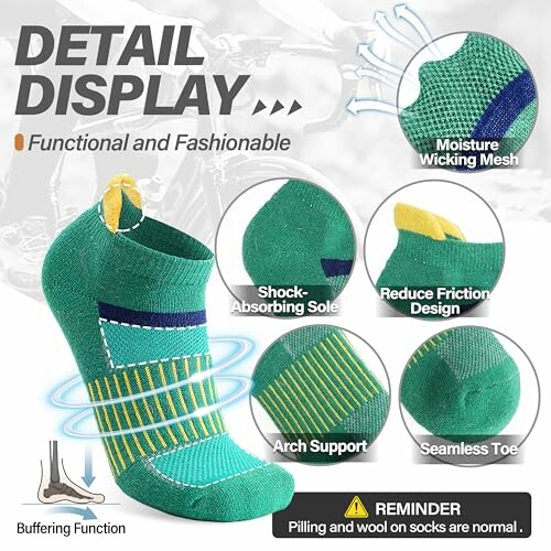 Green socks with detailed features including moisture wicking mesh, shock-absorbing sole, reduce friction design, arch support, and seamless toe.