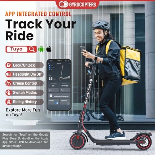 Person riding a scooter with app integrated control features displayed.