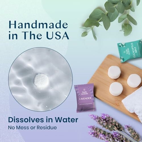 Handmade bath bombs on a board with lavender and eucalyptus, dissolving in water.