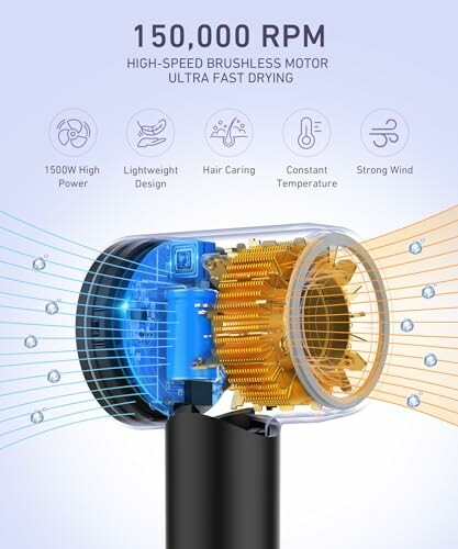 Diagram of high-speed brushless motor in a hair dryer with features listed.