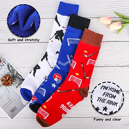 Three pairs of hockey-themed socks with sports designs. Perfect gift for friends and family