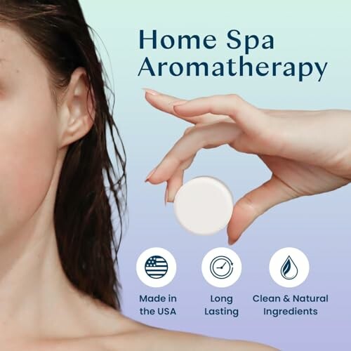 Woman holding aromatherapy product with text 'Home Spa Aromatherapy' and icons for Made in the USA, Long Lasting, Clean & Natural Ingredients.