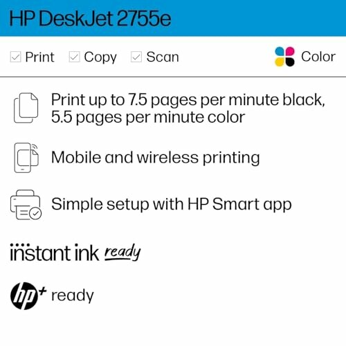 HP DeskJet 2755e features: print, copy, scan, color, mobile printing, simple setup.