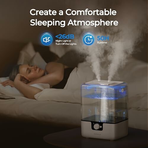 Woman sleeping in bed with humidifier emitting mist, promoting a comfortable sleeping atmosphere.