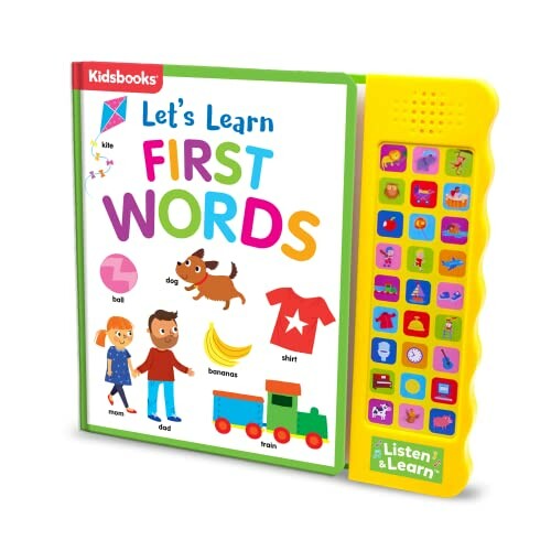 Children's book titled 'Let's Learn First Words' with sound buttons.