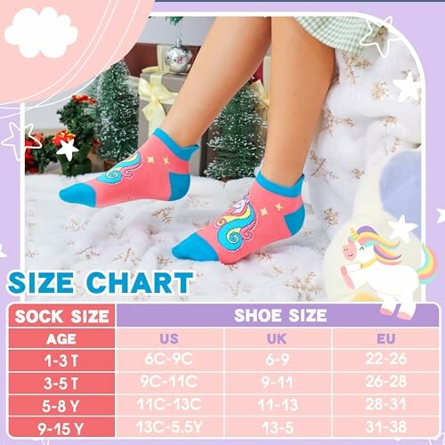 Child wearing unicorn socks with a size chart for different ages.