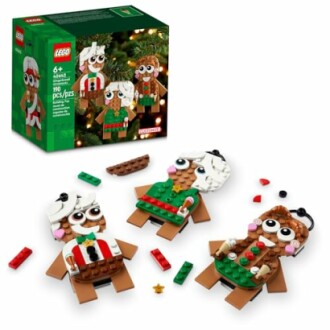 LEGO gingerbread ornaments with box and pieces.