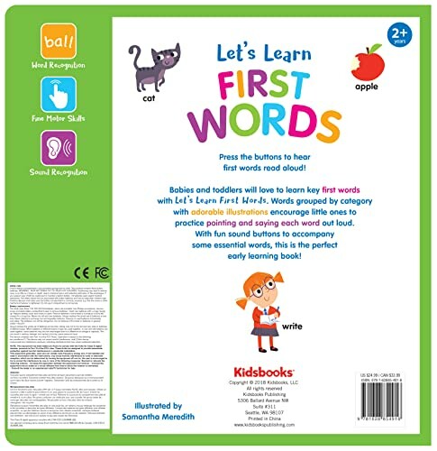 Cover of a children's book titled 'Let's Learn First Words' with illustrations of a cat, apple, and child writing.