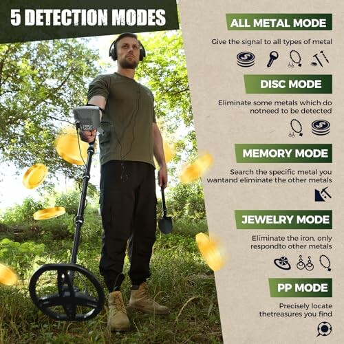 Man using metal detector with five detection modes listed.