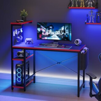 Bestier Computer Desk with LED Lights, Gaming Desk with 4 Tier Shelves