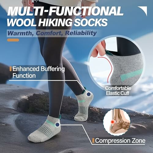 Multi-functional wool hiking socks with enhanced buffering, comfortable elastic cuff, and compression zone.