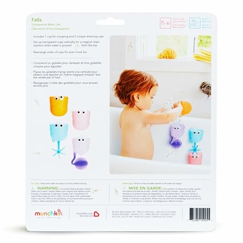 Child playing with Munchkin bath toys in a bathtub.