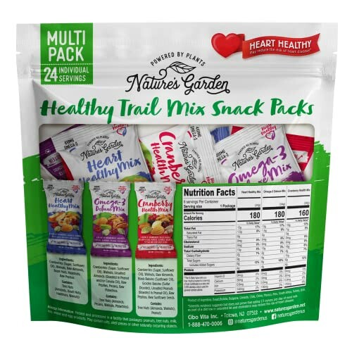 Nature's Garden Healthy Trail Mix Snack Packs, multi-pack with nutrition facts, 24 servings.