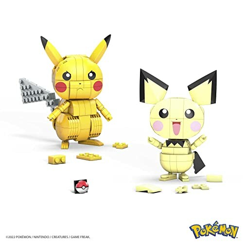 Building block models of Pikachu and Pichu with blocks scattered around.