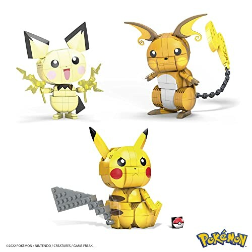 Building block figures of Pikachu, Raichu, and Pichu.