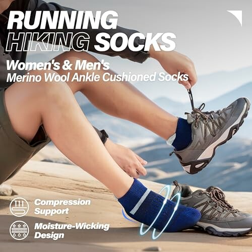 Person wearing Merino wool hiking socks and shoes on a mountain