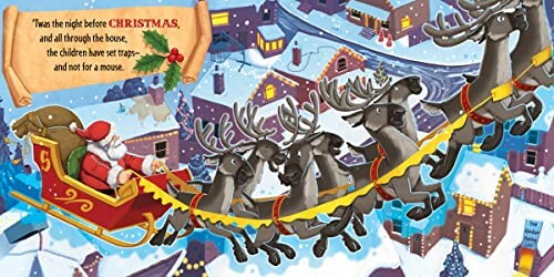 Santa in sleigh with reindeer flying over a snowy town.