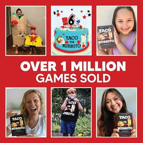 Collage celebrating over 1 million Taco vs Burrito games sold with people holding the game and a themed cake.