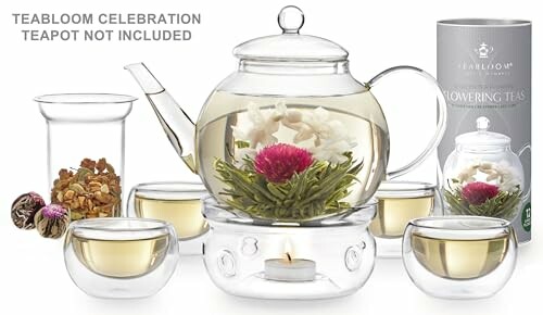 Teabloom flowering tea set with glass teapot and cups.