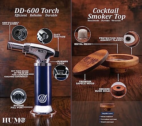 Advertisement for DD-600 torch and cocktail smoker top with features detailed.