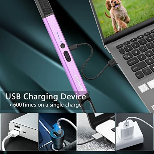 USB charging device connected to a laptop, with various charging options shown.